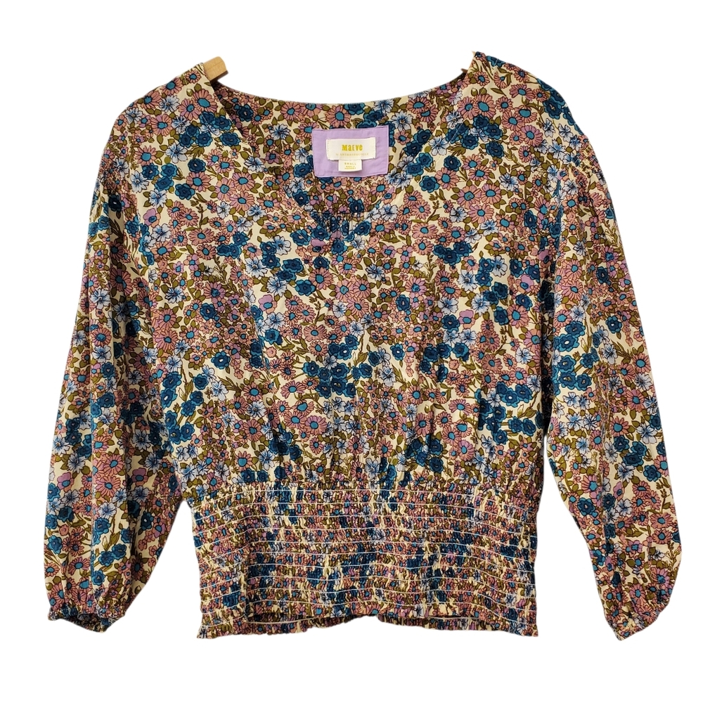 Anthropologie Maeve Odetta Blue & Pink Floral Smocked-Waist Blouse
